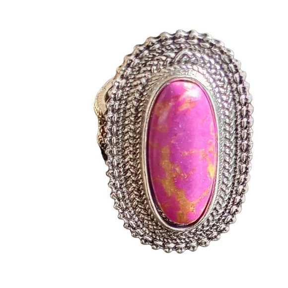 Boutique Jewelry - Pink Quartz Ring Diamond Cut Silver Gem Ring Diamond Band Purple Veins Statement
